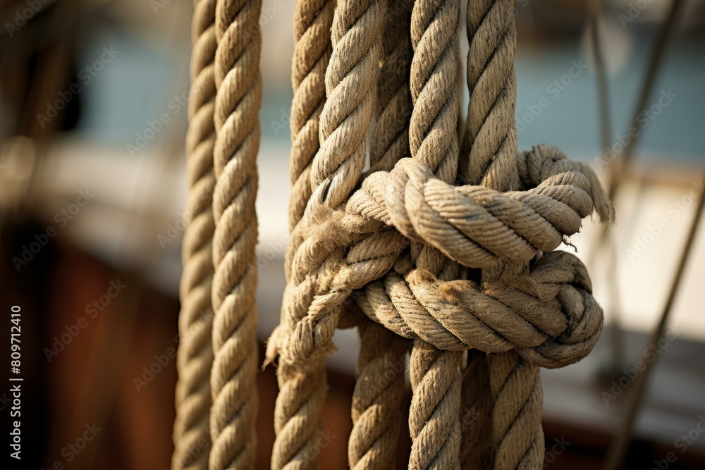 Close-up of thick, intertwined ropes with knots used on a classic sailboat