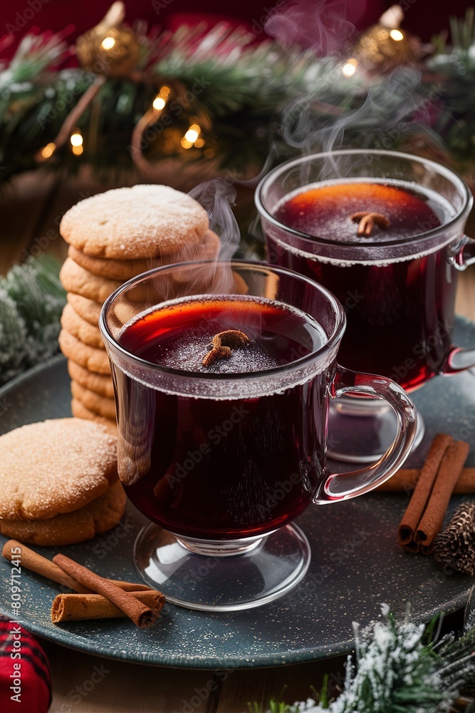 Christmas mulled wine in glass mugs with ginger cookies Christmas mulled wine in glass mugs with ginger cookies