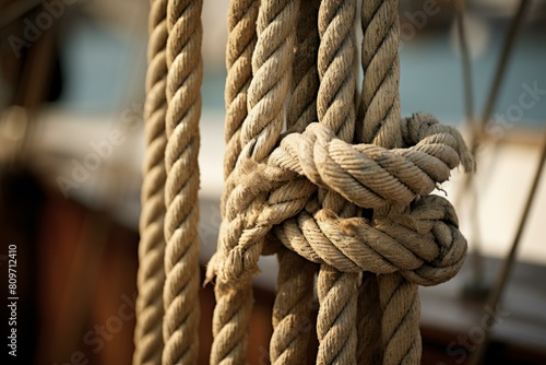 Close-up of thick, intertwined ropes with knots used on a classic sailboat