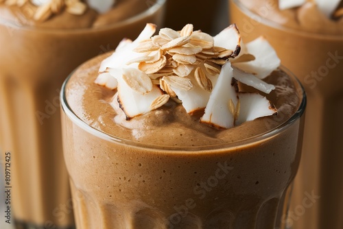 Coffee smoothie with coconut flakes and oats