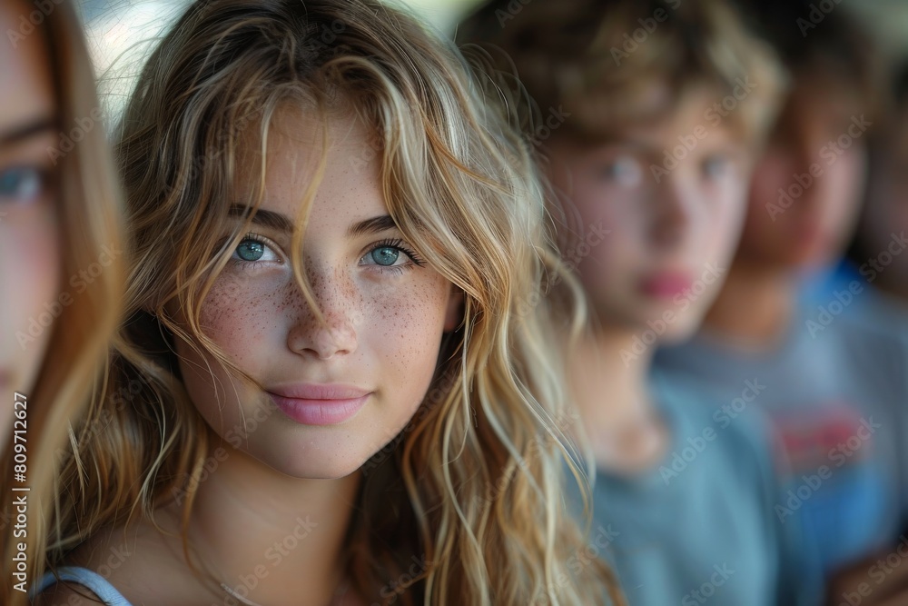Young girl with sun-kissed freckles, a warm smile, and captivating blue eyes in a group Young girl with sun-kissed freckles, a warm smile, and captivating blue eyes in a group