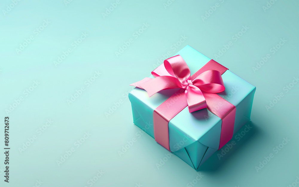 Blue with pink ribbon gift box. On light blue background, copy space