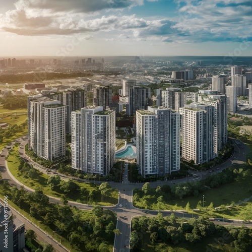 Top view of a contemporary urban cityscape adorned with lush greenery, perfect for envisioning your real estate and property investment aspirations.
