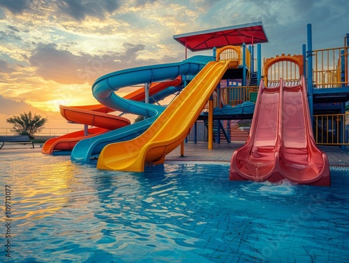 A slide, swimming pool at summer, playground © Thibaut Design Prod.