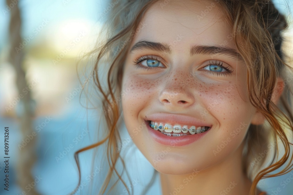Carefree teenage girl outdoors smiling broadly with bright blue eyes and braces Carefree teenage girl outdoors smiling broadly with bright blue eyes and braces
