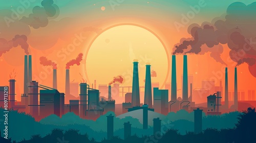 Industrial silhouette at dawn with smokestacks and ecological themes, suitable for discussions on industry impact