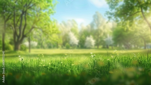 Landscape of a green grass field with a blurred watercolor trees background.