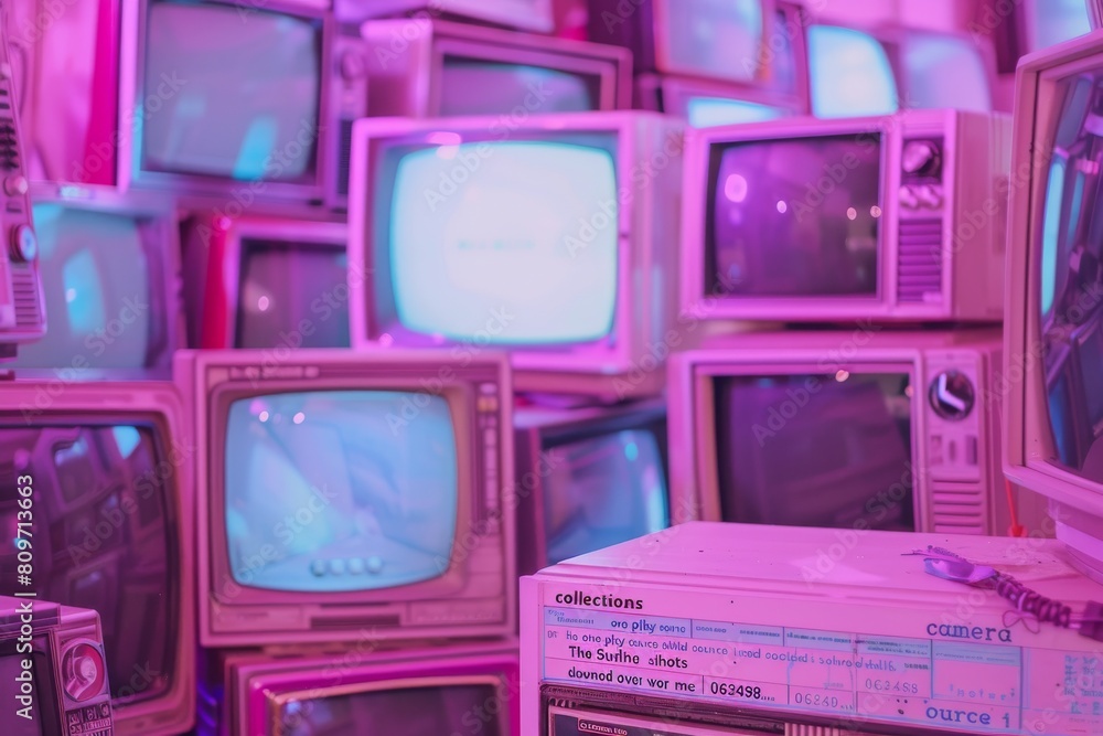 Stack of Retro TVs in Pink Neon Glow