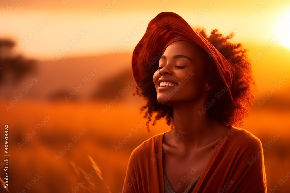 Fototapeta premium Backlit Portrait of calm happy smiling free black African woman with closed eyes enjoys a beautiful moment life on the African fields at sunset 