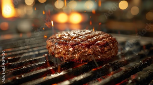 grilled burger sensation, the delicious scent of a juicy burger patty cooking on the grill, a mouthwatering temptation that fills the air photo