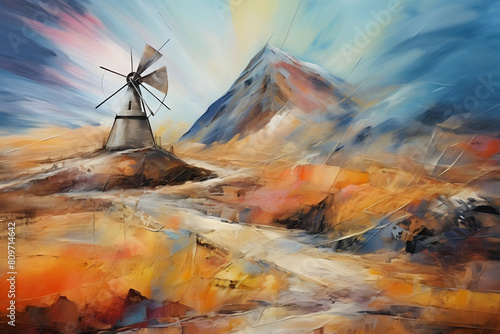 ethereal mountain peak adjacent to windmill. abstract landscape painting, generative ai photo