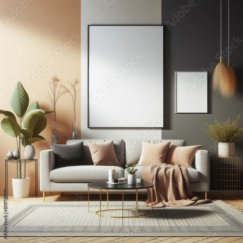 A living room with a template mockup poster empty white and with a couch and a coffee table harmony has illustrative meaning used for printing.