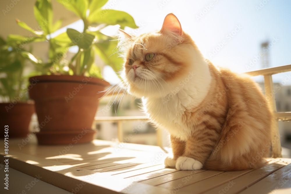 Naklejka premium Environmental portrait photography of a curious exotic shorthair cat scratching while standing against sunny balcony