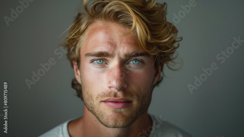 copy space, high resolution photo, 30 year very attractive man, beautiful blue eyes he is very strong, blonde hair, defined jawline, wearing a simple T-shirt, he looks very confident