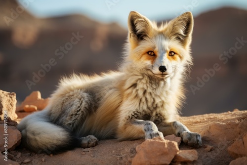 A beautiful fox relaxes in a tranquil desert setting at sunset