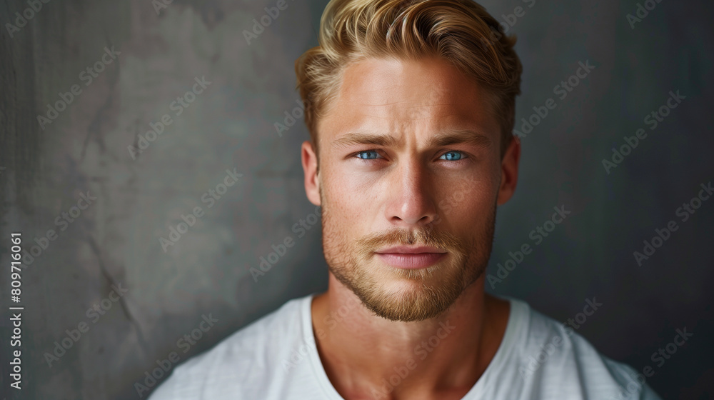 copy space, high resolution photo, 30 year very attractive man, beautiful blue eyes he is very strong, blonde hair, defined jawline, wearing a simple T-shirt, he looks very confident copy space, high resolution photo, 30 year very attractive man, beautiful blue eyes he is very strong, blonde hair, defined jawline, wearing a simple T-shirt, he looks very confident