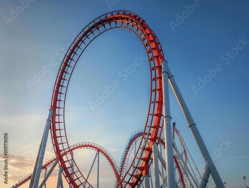 A Roller Coaster at Summer in an Attraction Park, blue sky