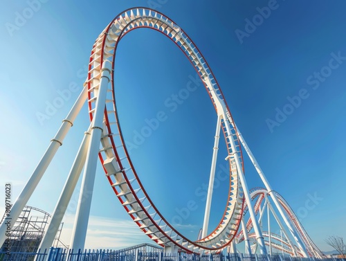 A Roller Coaster at Summer in an Attraction Park, blue sky photo