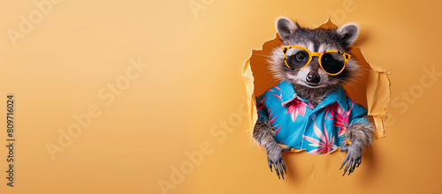 happy raccoon       in sunglasses and hawaiian shirt peeking out of a paper hole. copy space