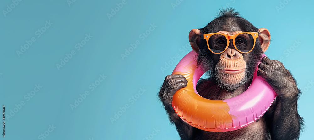 happy monkey ​​in sunglasses and with an inflatable ring on his neck. copy space, creative banner