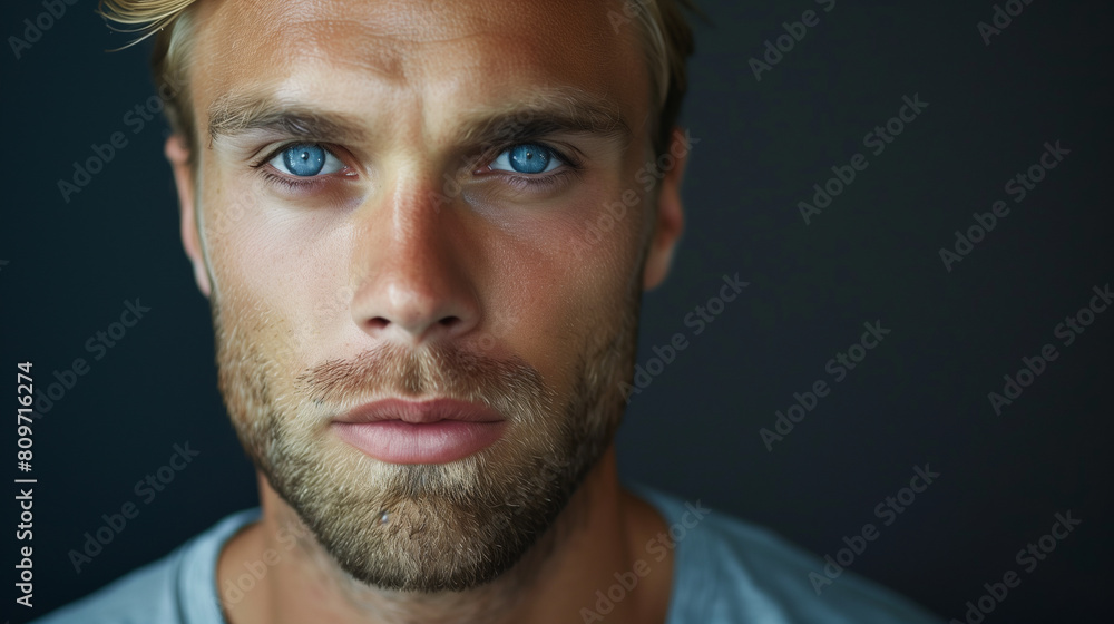 Obraz premium copy space, high resolution photo, 30 year very attractive man, beautiful blue eyes he is very strong, blonde hair, defined jawline, wearing a simple T-shirt, he looks very confident