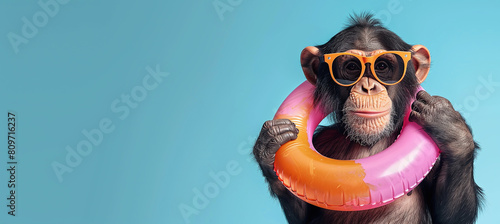 happy monkey ​​in sunglasses and with an inflatable ring on his neck. copy space, creative banner
