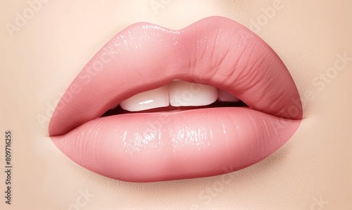 Close-Up of Beautiful Plump Lips in Soft Pink Shade, Natural Lip Color