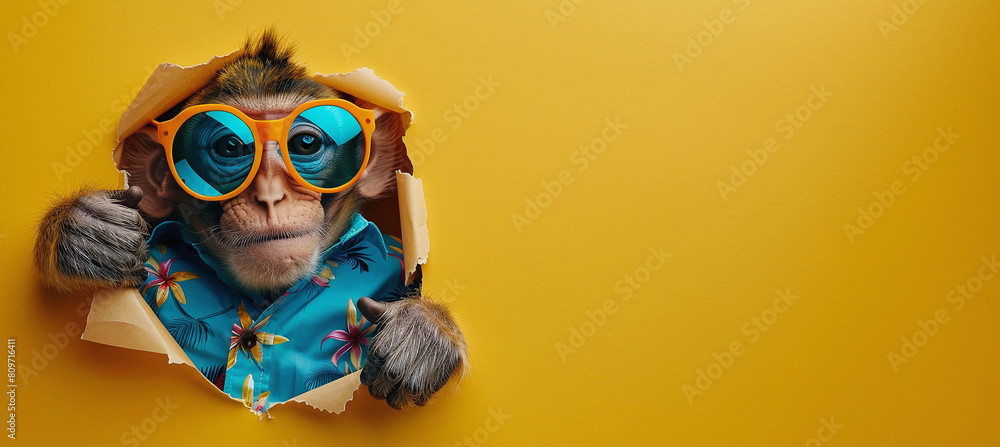 happy monkey in sunglasses and hawaiian shirt peeking out of a paper hole. copy space, creative banner happy monkey in sunglasses and hawaiian shirt peeking out of a paper hole. copy space, creative banner