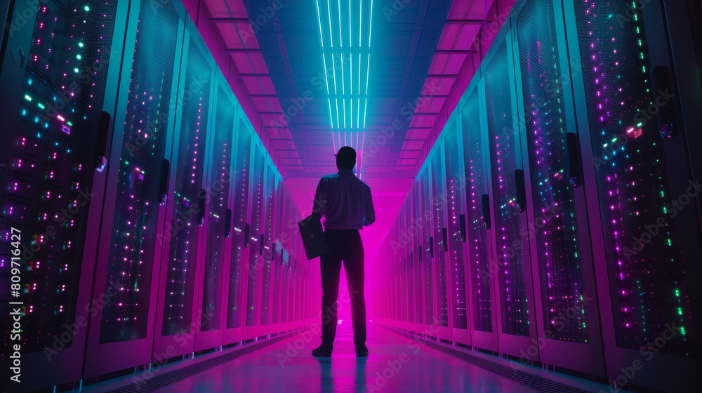 An IT specialist stands beside a row of operational server racks, using a laptop for maintenance. Concept for cloud computing, artificial intelligence, and supercomputers. Neon lights. An IT specialist stands beside a row of operational server racks, using a laptop for maintenance. Concept for cloud computing, artificial intelligence, and supercomputers. Neon lights.