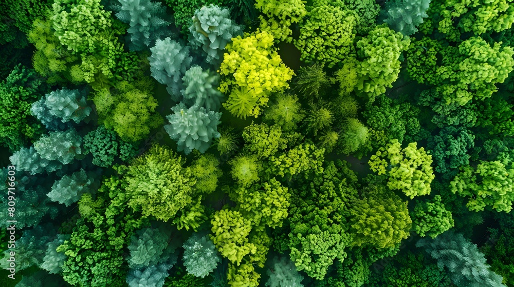 Fototapeta premium Top view of a young green forest in spring or summer, in the style of natural beauty, vibrant colors