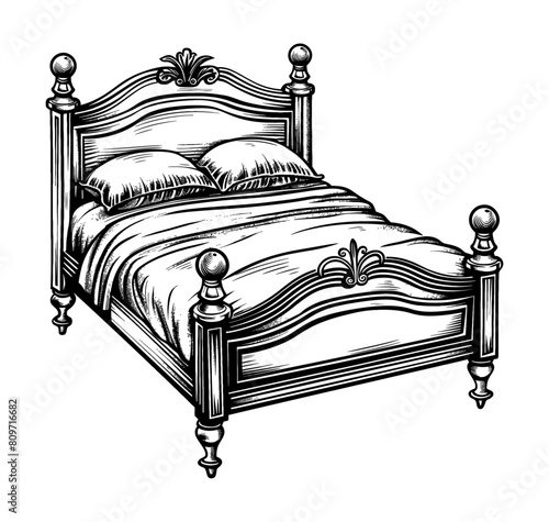 retro bed engraving black and white outline