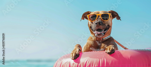 happy dog ​​in sunglasses and with an inflatable ring on his neck. copy space, creative banner © Oleksandr