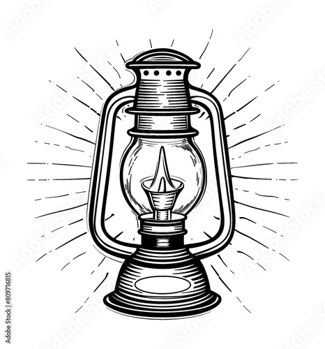 retro oil lamp engraving black and white outline