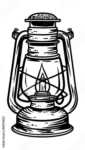 retro oil lamp engraving black and white outline