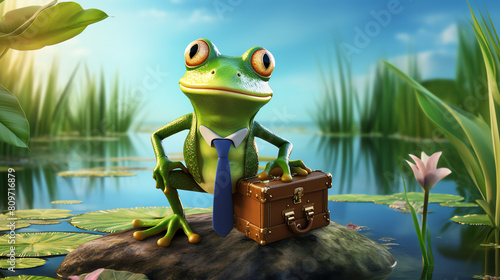 A professional frog wearing a tie and carrying a briefcase sits on a rock in a pond, surrounded by water lilies. The frog is smiling and looks confident. photo