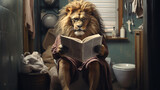A lion is sitting on a toilet, reading a book. He is wearing a bathrobe and glasses. The lion is in a bathroom. There is a toilet paper roll on the wall behind him.