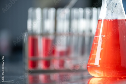 A close up of a wide-mouth graduated conical flask, three-quarters full with a transparent red liquid, sitting on a lab bench with a test tube rack full of similar red liquid-filled test tubes in the photo