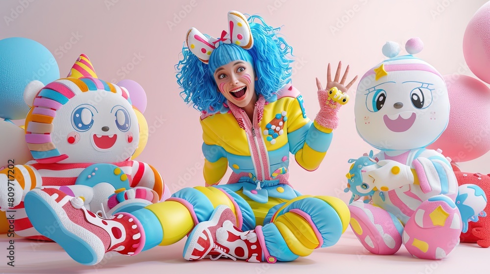 Naklejka premium Expressive 3D characters are captured in dynamic movement on colorful and festive backdrops.