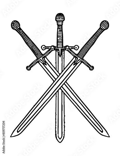 sword crossed engraving black and white outline