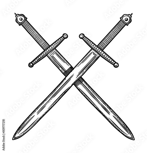 sword crossed engraving black and white outline