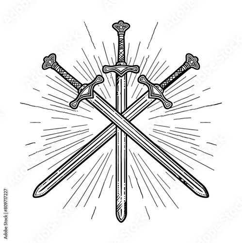 sword crossed engraving black and white outline
