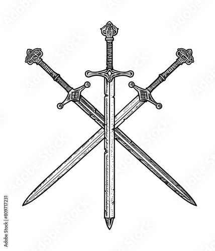 sword crossed engraving black and white outline