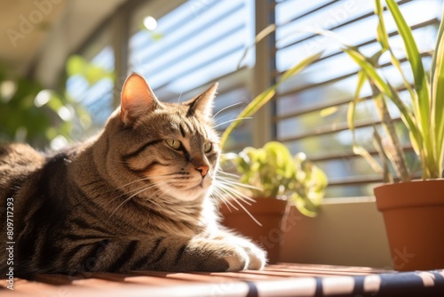 Environmental portrait photography of a bored tabby cat staring in sunny balcony © Markus Schröder