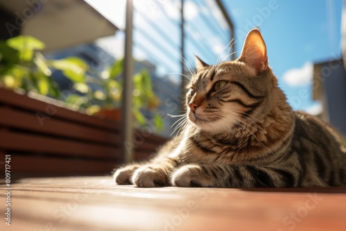 Environmental portrait photography of a bored tabby cat staring while standing against sunny balcony © Markus Schröder