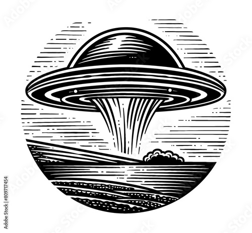 ufo farm engraving black and white outline