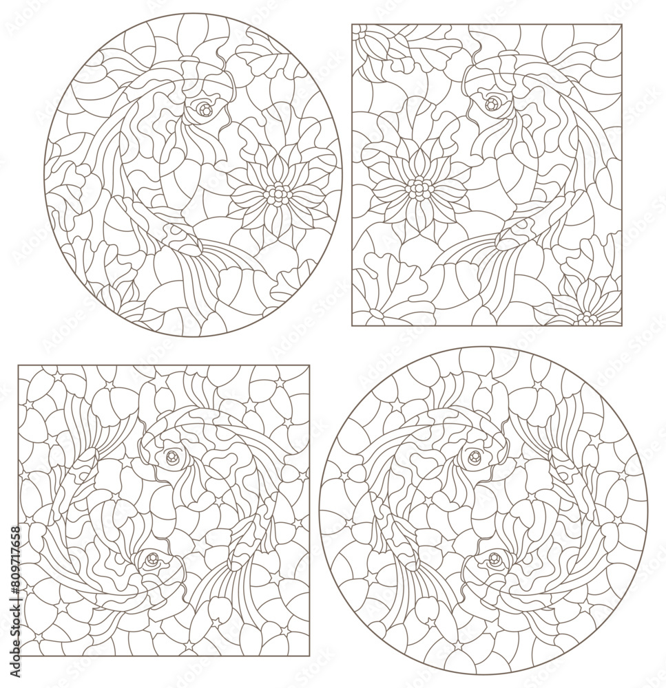 A set of contour illustrations of stained glass Windows with koi carp fishes on Lotus flowers , dark contours on a white background A set of contour illustrations of stained glass Windows with koi carp fishes on Lotus flowers , dark contours on a white background