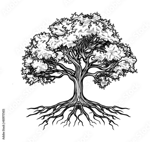 tree root engraving black and white outline