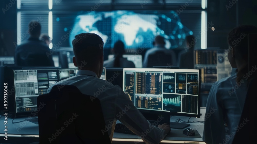 A team of computer operators works on computers in a control room. A team of secret government agency analysts does research and investigates cyber security issues. A team of computer operators works on computers in a control room. A team of secret government agency analysts does research and investigates cyber security issues.