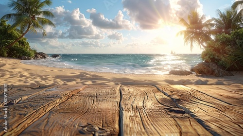 Abstract empty wooden desk tabletop with copy space over summer sand beach blurred background.