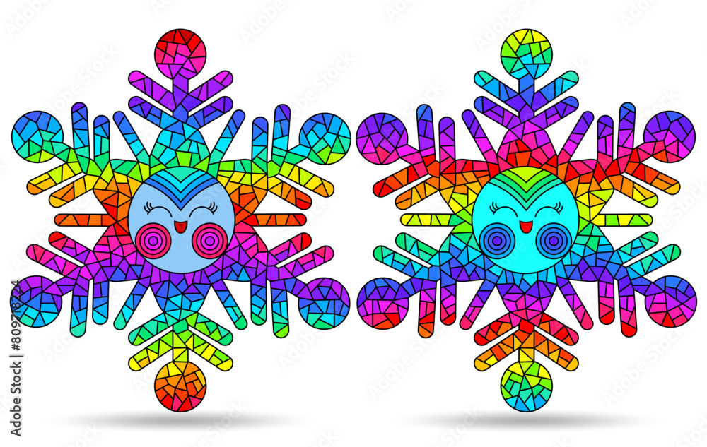A set of illustrations in the style of stained glass windows with cute snowflakes, dark outlines on a white background A set of illustrations in the style of stained glass windows with cute snowflakes, dark outlines on a white background